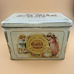 Vintage Gold Medal Flour Tin With Recipe Box Card Dividers Cottage Core Grandmas